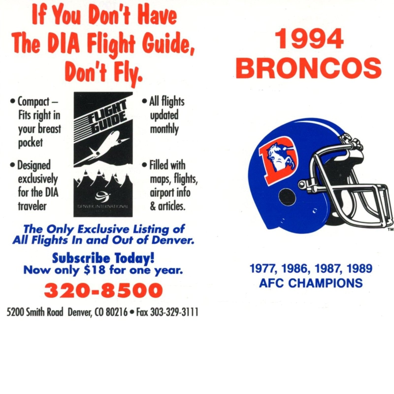 Denver Broncos 1994 Pocket Schedule DIA Flight Guide 58026
