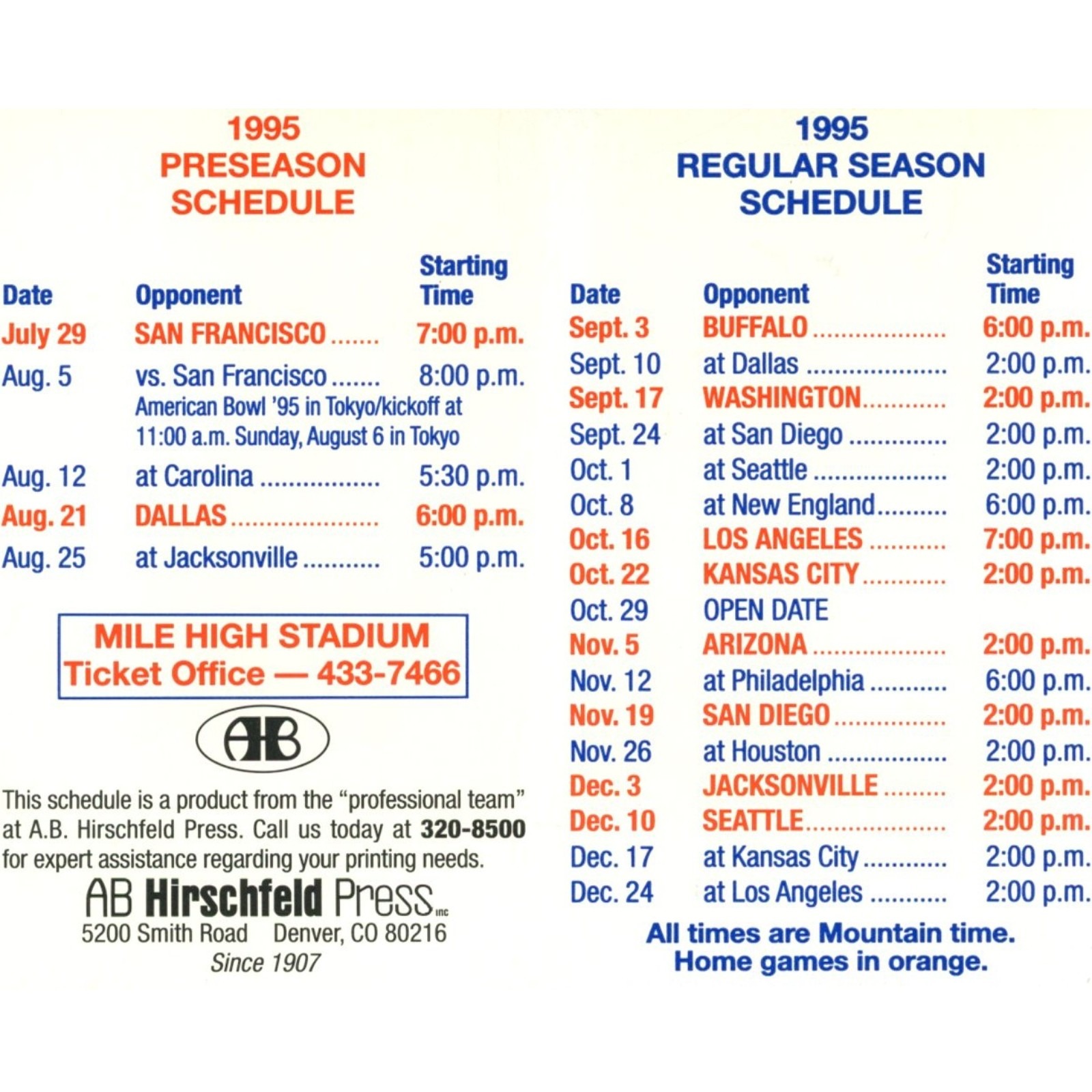 Denver Broncos 1995 Pocket Schedule AB Hirschfeld Press 58025 2 Denver Broncos 1995 Pocket Schedule AB Hirschfeld Press 58025