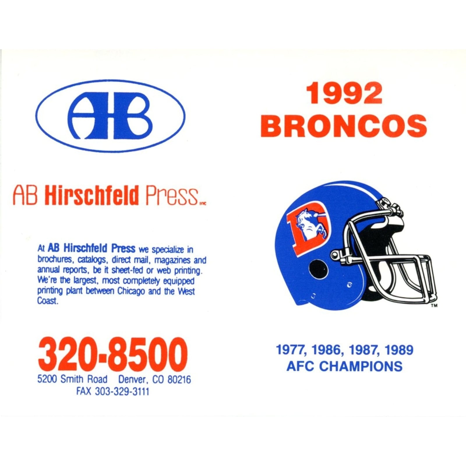 Denver Broncos 1992 Pocket Schedule AB Hirschfeld Press 58028