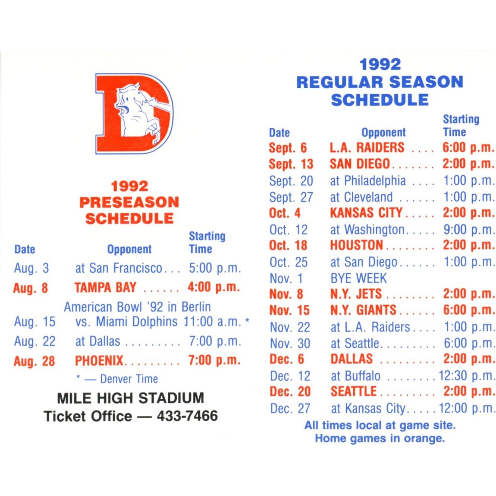 Denver Broncos 1992 Pocket Schedule AB Hirschfeld Press 58028 2 Denver Broncos 1992 Pocket Schedule AB Hirschfeld Press 58028