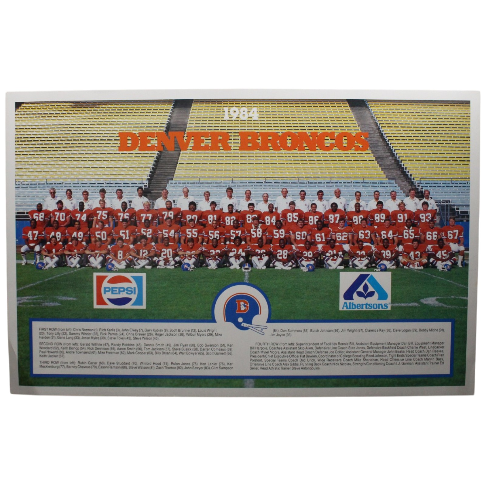 Denver Broncos Pepsi/Albertsons Promotional 1984 Team Roster Photo 55943