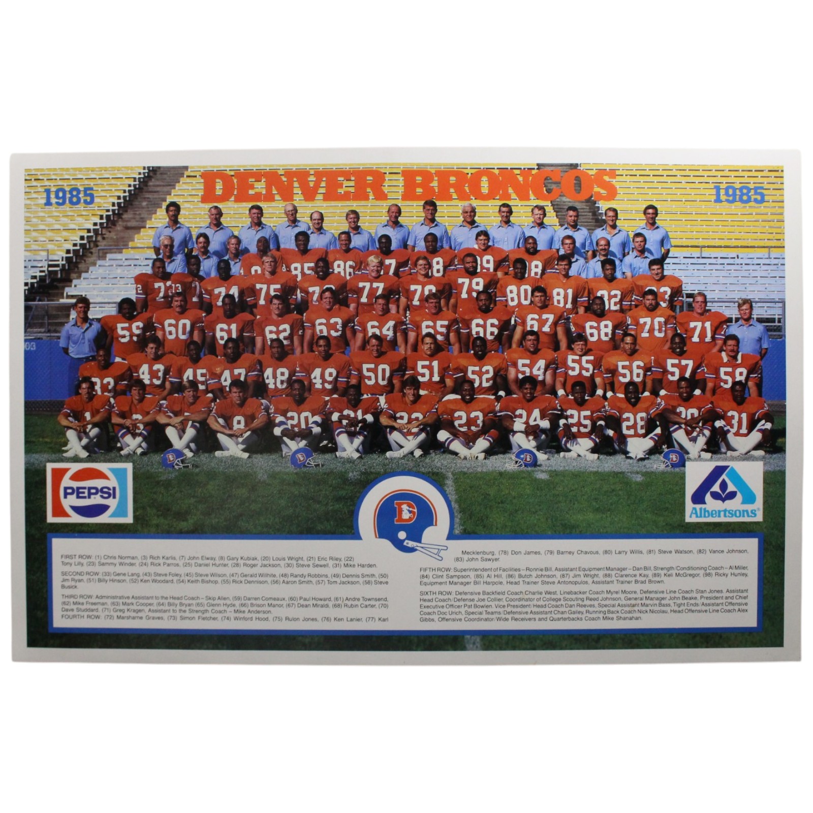 Denver Broncos Pepsi/Albertsons Promotional 1985 Team Roster Photo 55942