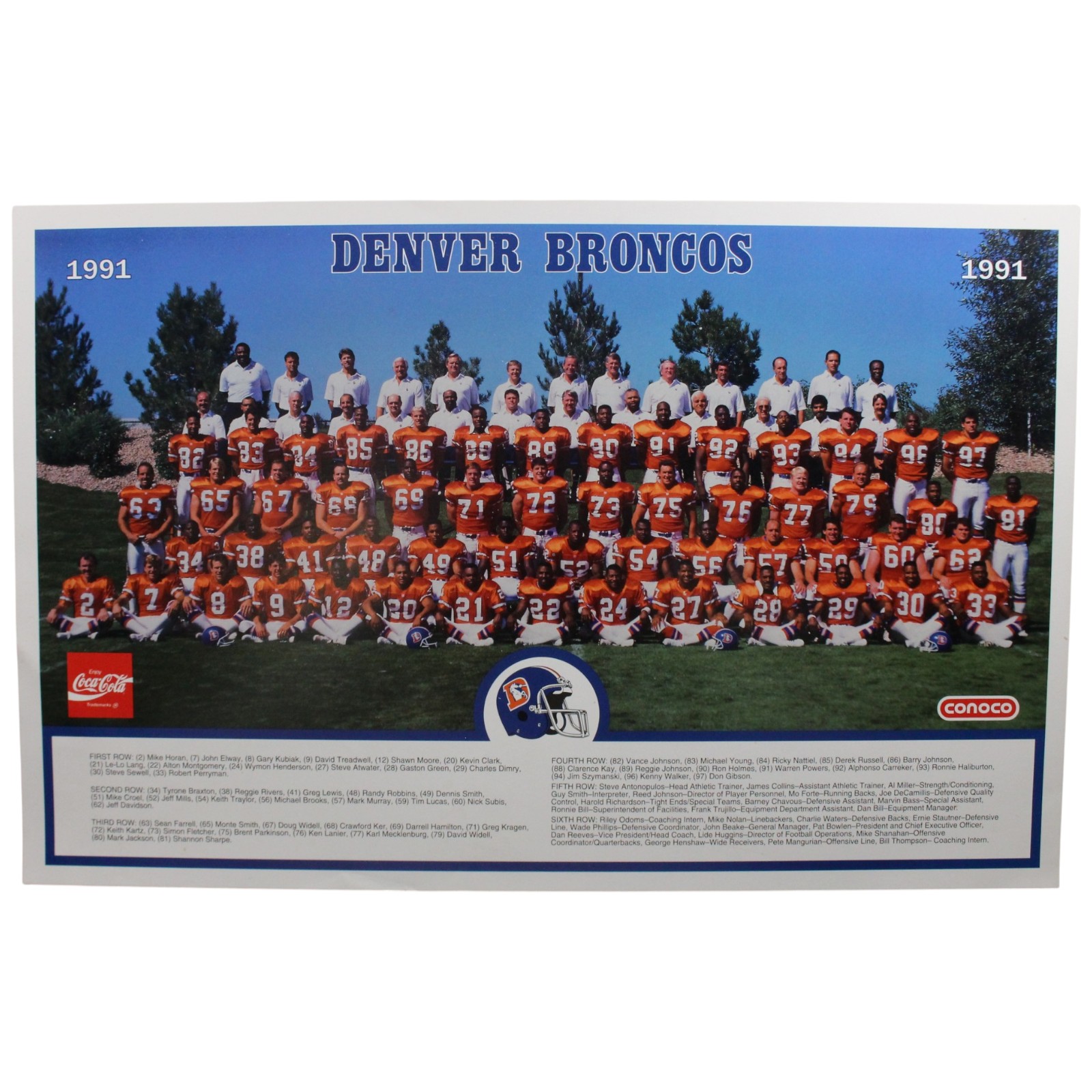 Denver Broncos Coca-Cola/Conoco Promotional 1991 Team Roster Photo 55941