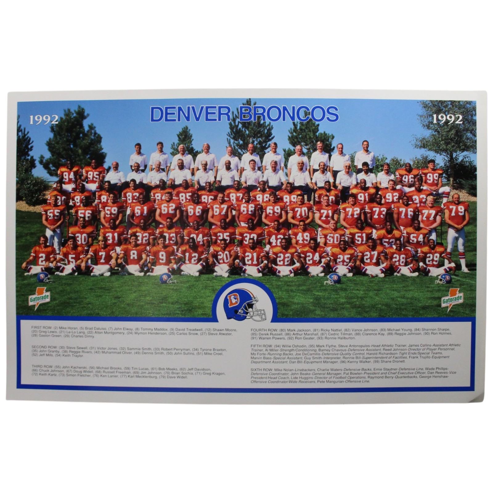 Denver Broncos Gatorade Promotional 1992 Team Roster Photo 55940