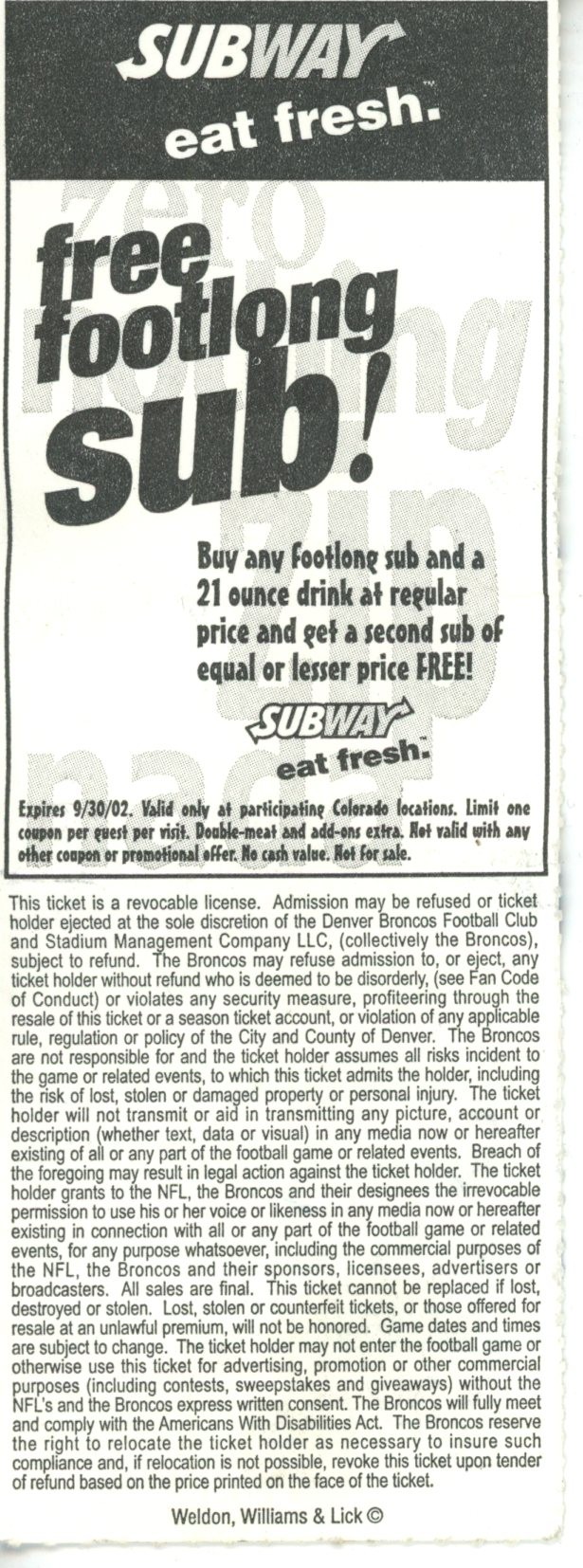 Denver Broncos Ticket Stub 9/8/2002 Clinton Portis NFL Debut 55541 2 Denver Broncos Ticket Stub 9/8/2002 Clinton Portis NFL Debut 55541