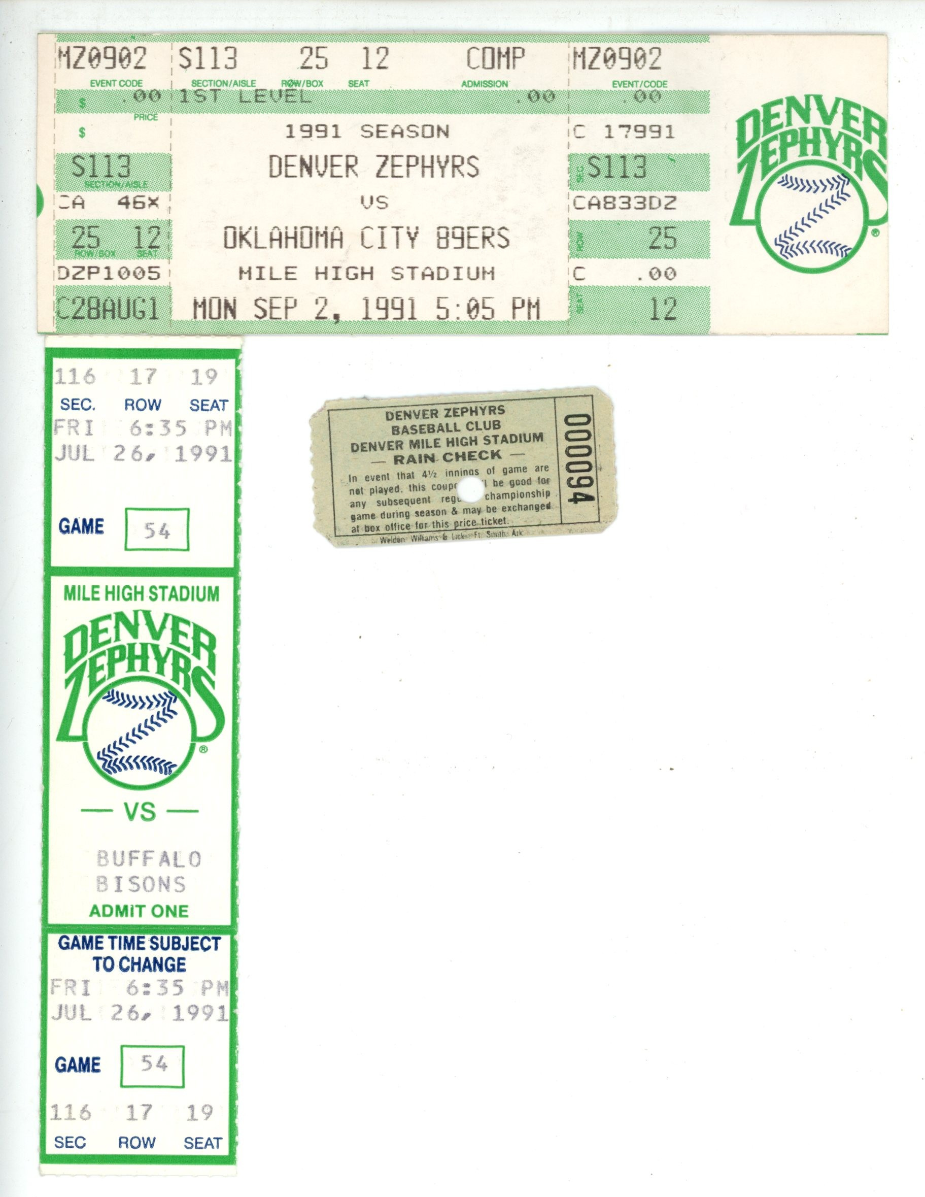 Denver Zephyrs 1991 Lot of 2 Tickets 07/26/1991 9/2/1991 MILB 56266