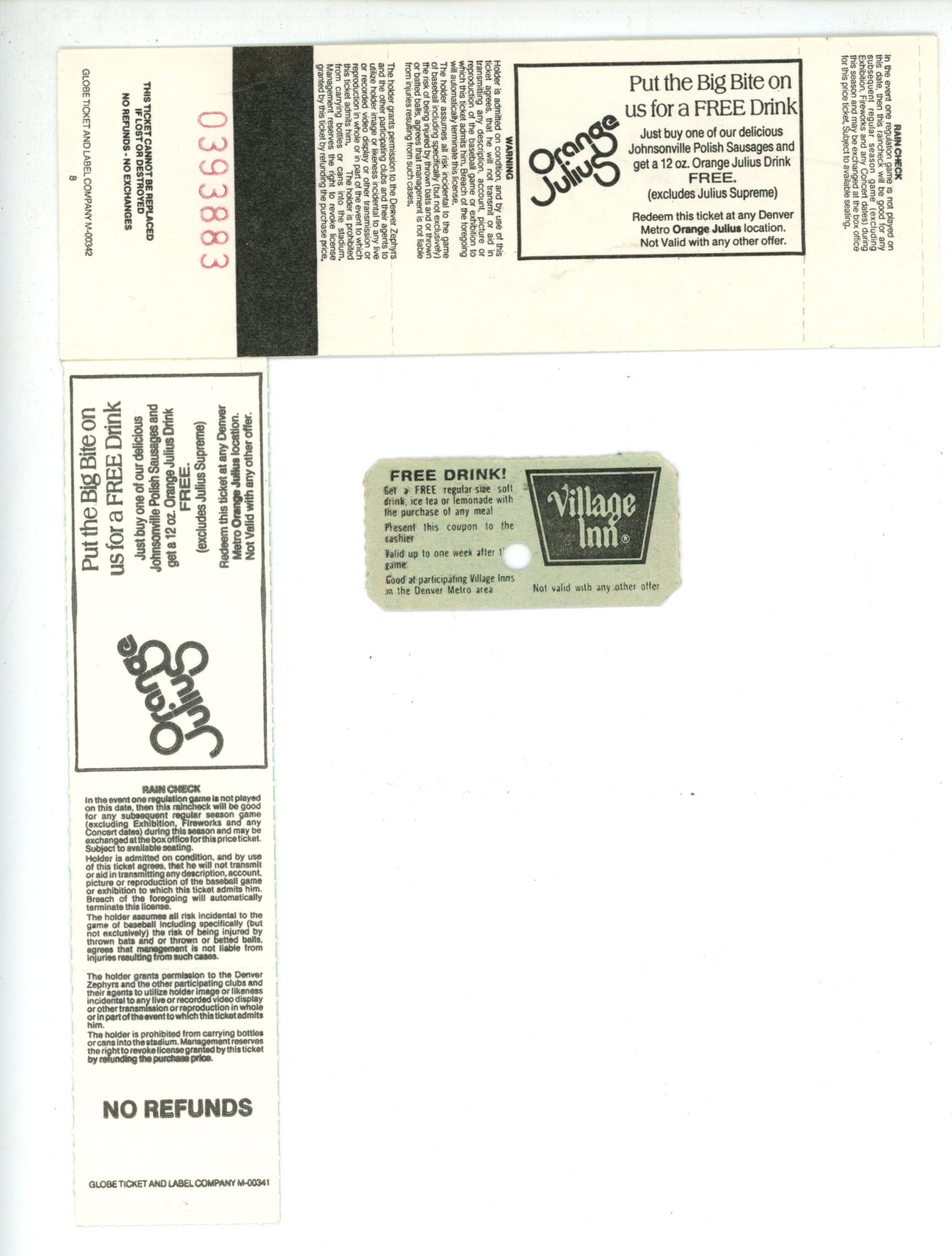 Denver Zephyrs 1991 Lot of 2 Tickets 07/26/1991 9/2/1991 MILB 56266