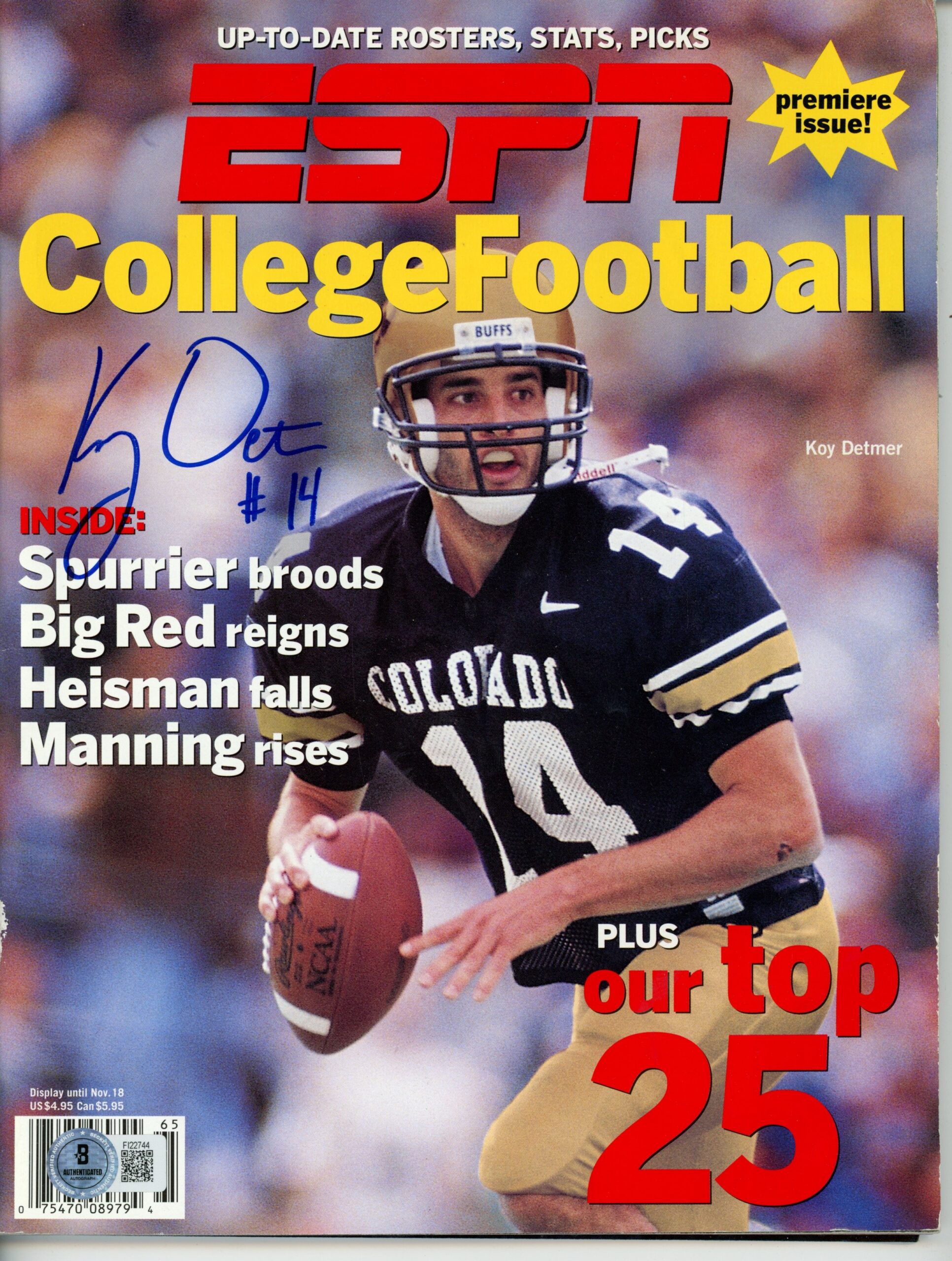 Koy Detmer Autographed Colorado Buffaloes 96 ESPN CFB Magazine Beckett 55758
