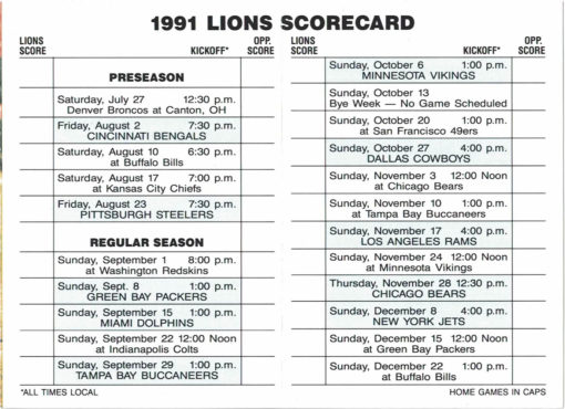 Detroit Lions 1991 Football Schedule Booklet 26672