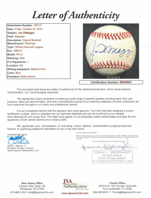 Joe Dimaggio Signed New York Yankees American League Baseball JSA LOA 13134