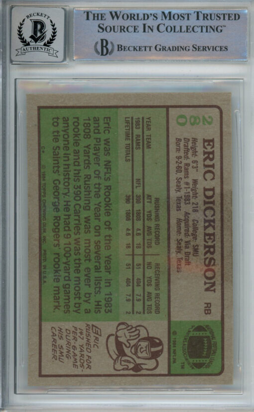Eric Dickerson Autographed 1984 Topps #280 Rookie Card HOF Beckett Slab