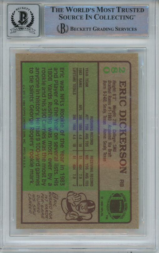 Eric Dickerson Signed 1984 Topps #280 Rookie Card HOF Beckett 10 Slab