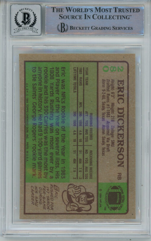 Eric Dickerson Signed 1984 Topps #280 Rookie Card HOF Beckett 10 Slab