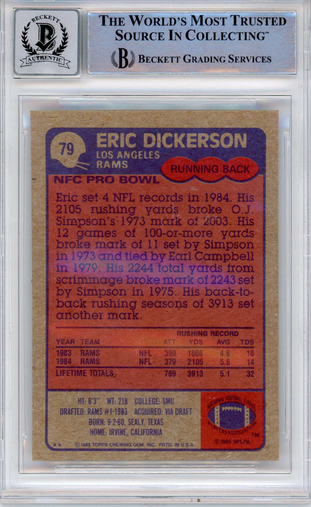 Eric Dickerson Autographed 1985 Topps #79 Trading Card HOF Beckett Slab