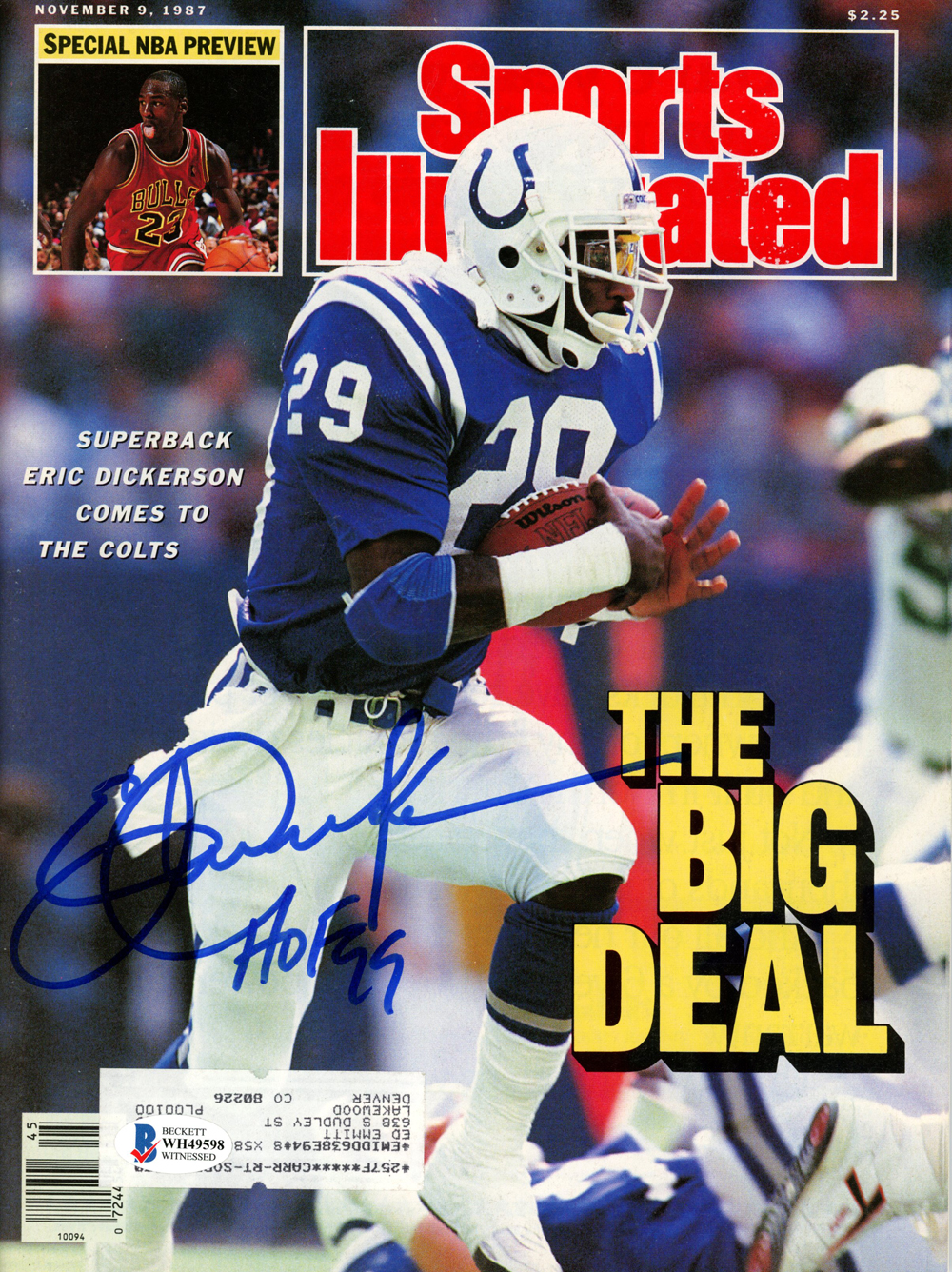 Eric Dickerson Autographed 1987 Sports Illustrated Magazine HOF Beckett
