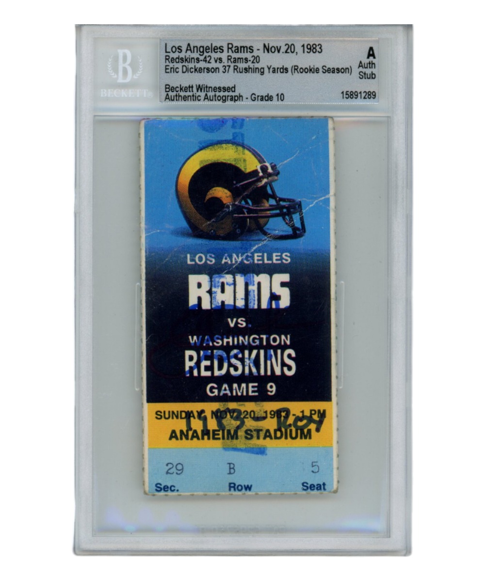 Eric Dickerson Autographed/Signed Ticket Stub 11/20/1983 83 ROY Beckett 