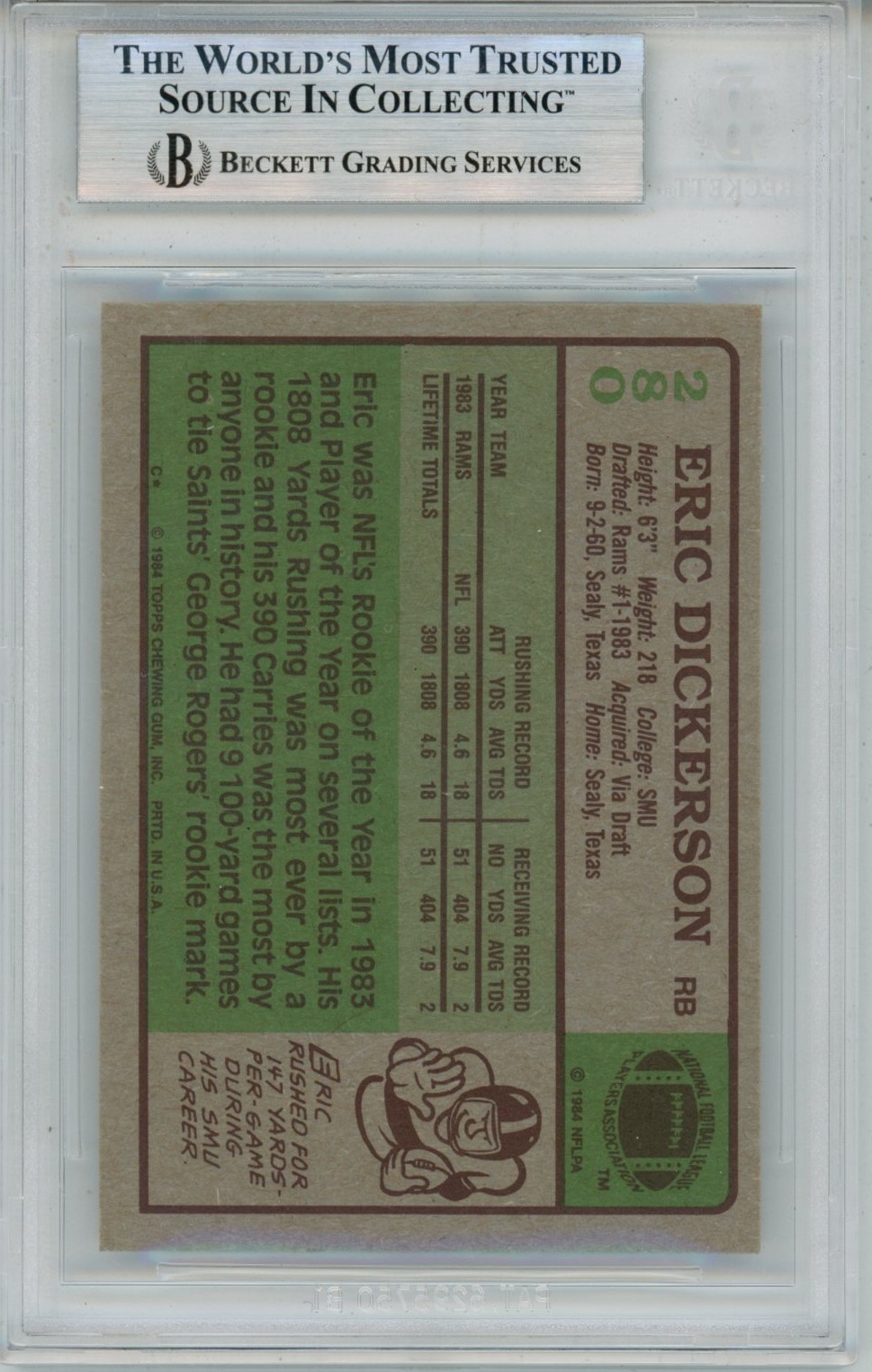 Eric Dickerson Autographed 1984 Topps #280 w/HOF Trading Card Slab Beckett 57079 2 Eric Dickerson Autographed 1984 Topps #280 w/HOF Trading Card Slab Beckett 57079
