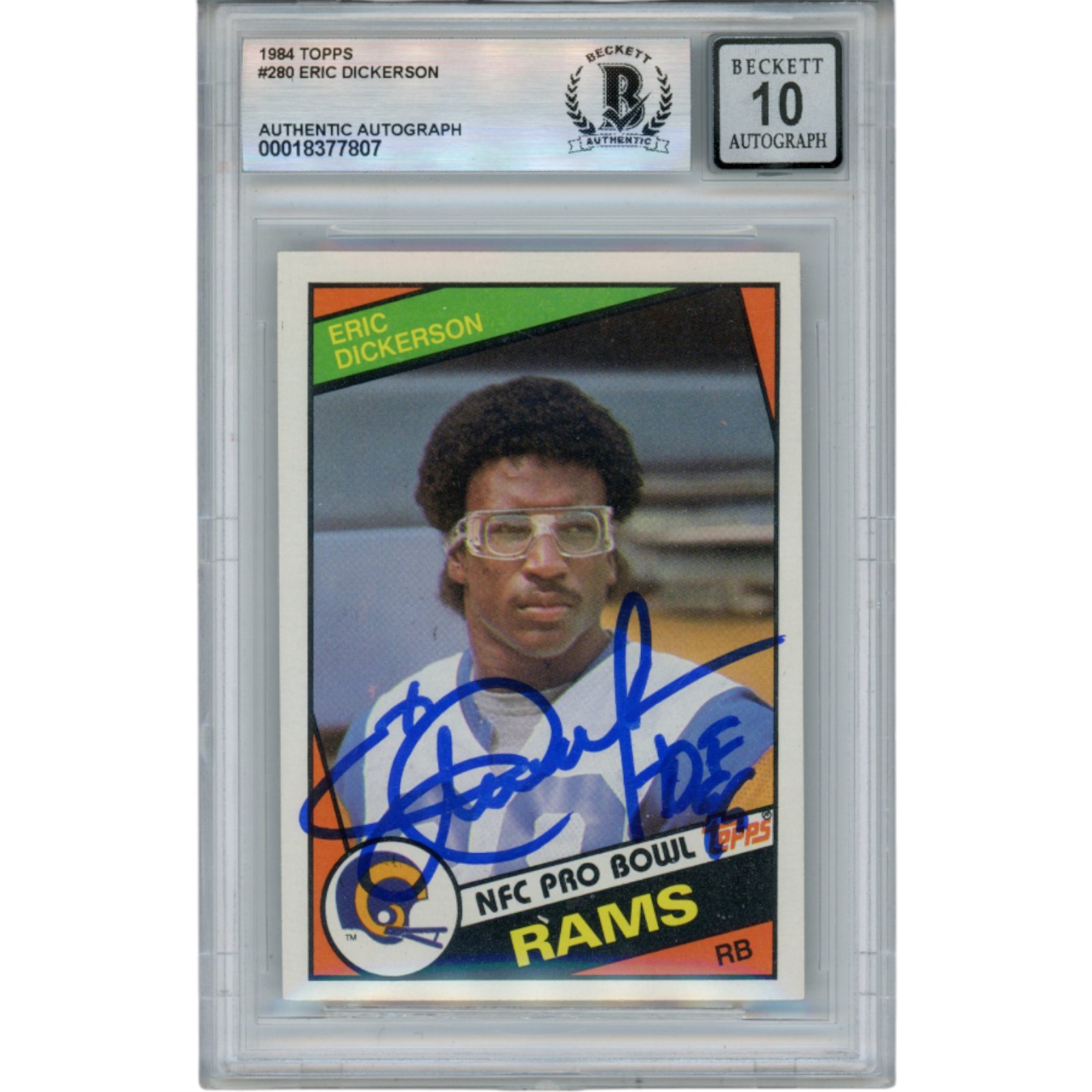 Eric Dickerson Autographed 1984 Topps #280 Grade 10 Trading Card Beckett 52935