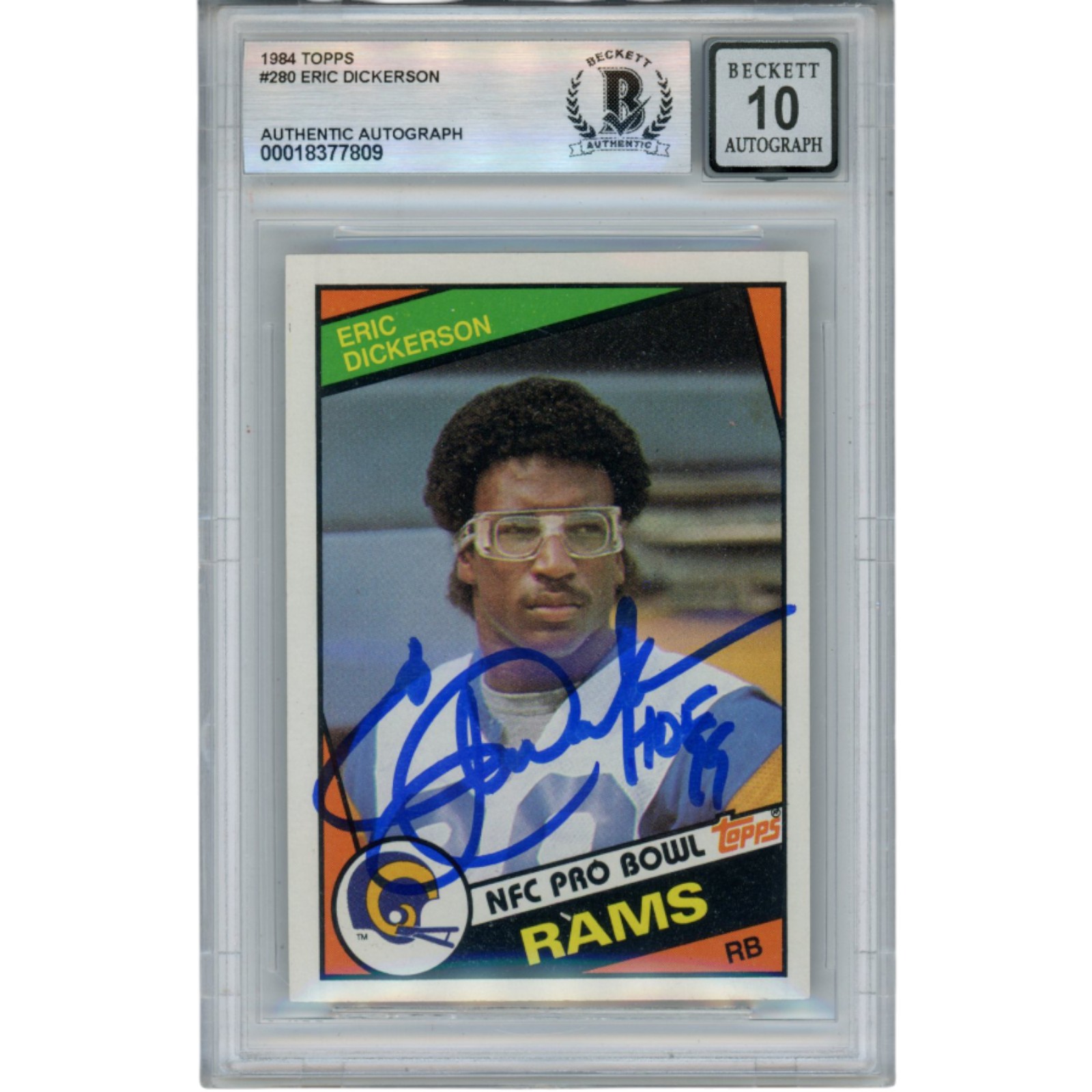 Eric Dickerson Autographed 1985 Topps #280 Grade 10 Trading Card Beckett 52940