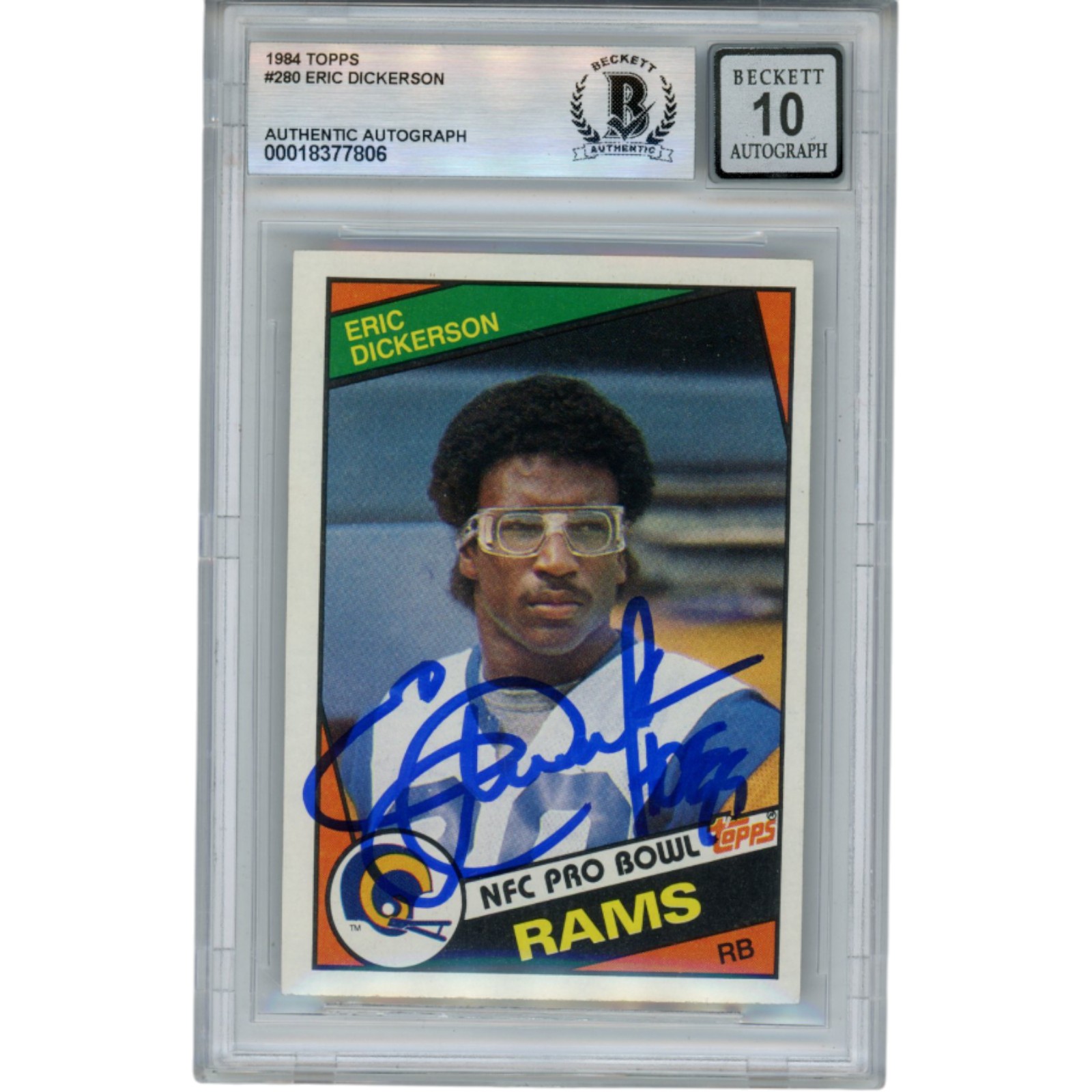 Eric Dickerson Autographed 1984 Topps #280 Grade 10 Trading Card Beckett 52949