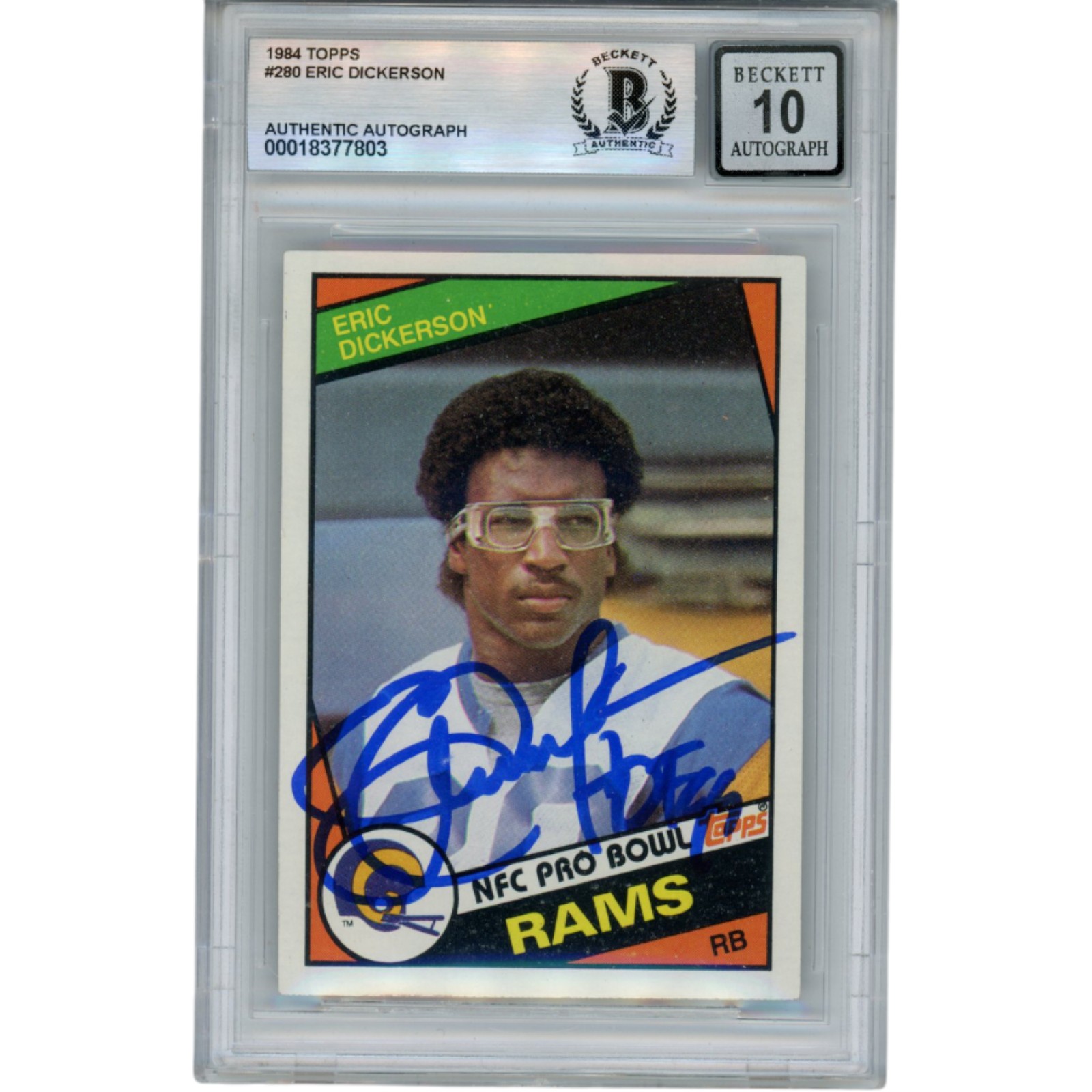 Eric Dickerson Autographed 1984 Topps #280 Grade 10 Trading Card Beckett 52973