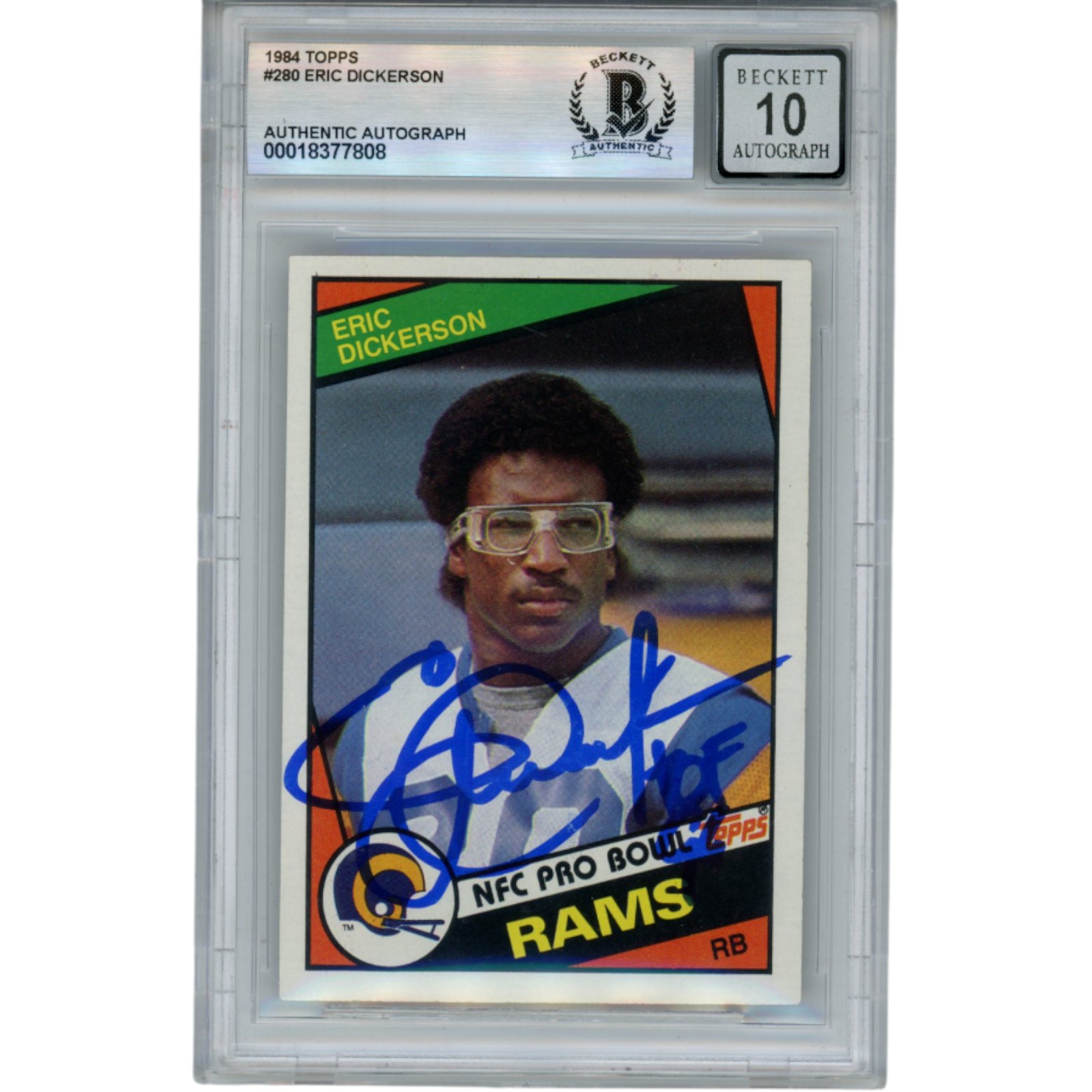 Eric Dickerson Autographed 1984 Topps #280 Grade 10 Trading Card Beckett 53019