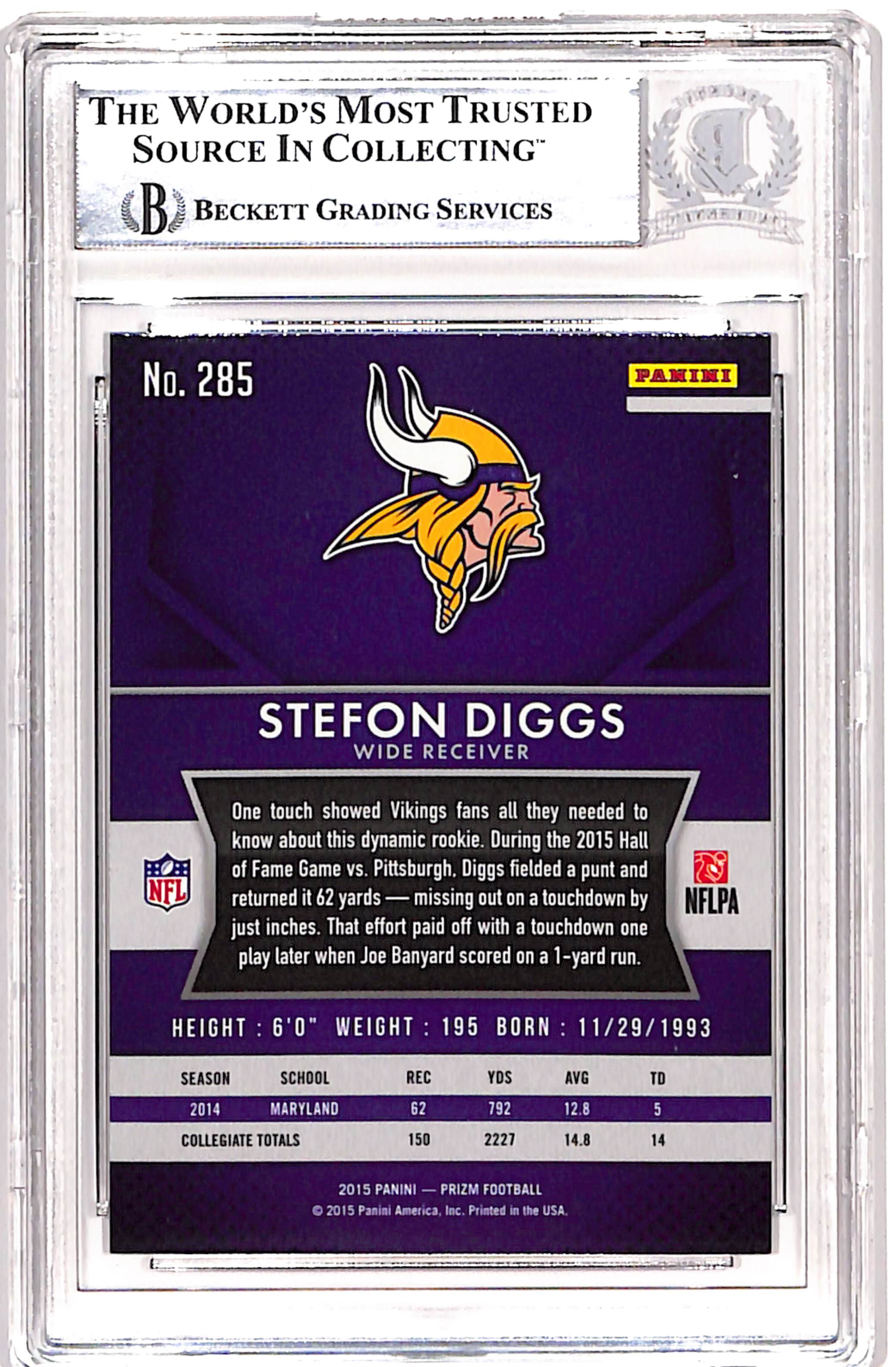 Stefon Diggs Signed 2015 Panini Prizm #285 Trading Card Beckett