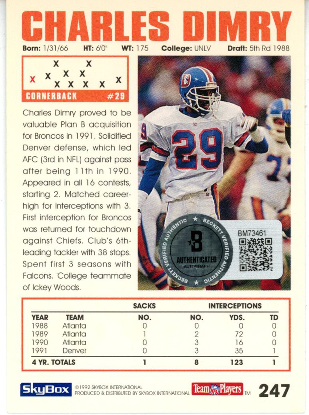 Charles Dimry Signed 1992 Skybox #247 Trading Card Beckett 44818