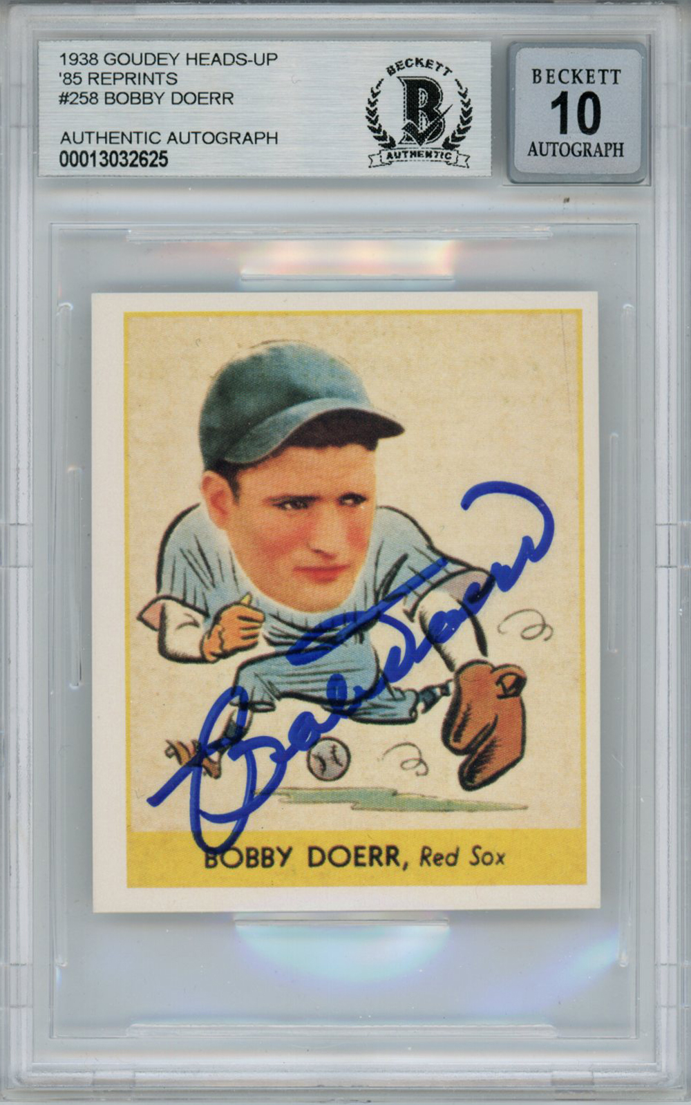 Bobby Doerr Signed 1938 Goudey Heads-Up '85 Reprints #258 Beckett 10 Slab