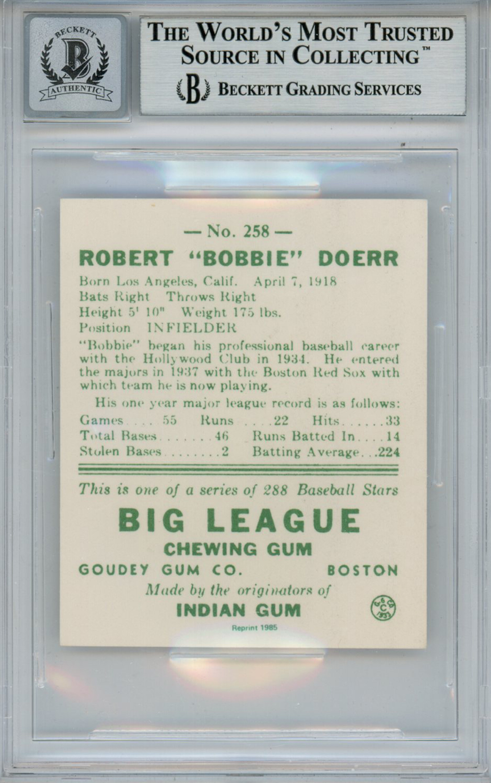 Bobby Doerr Signed 1938 Goudey Heads-Up '85 Reprints #258 Beckett 10 Slab