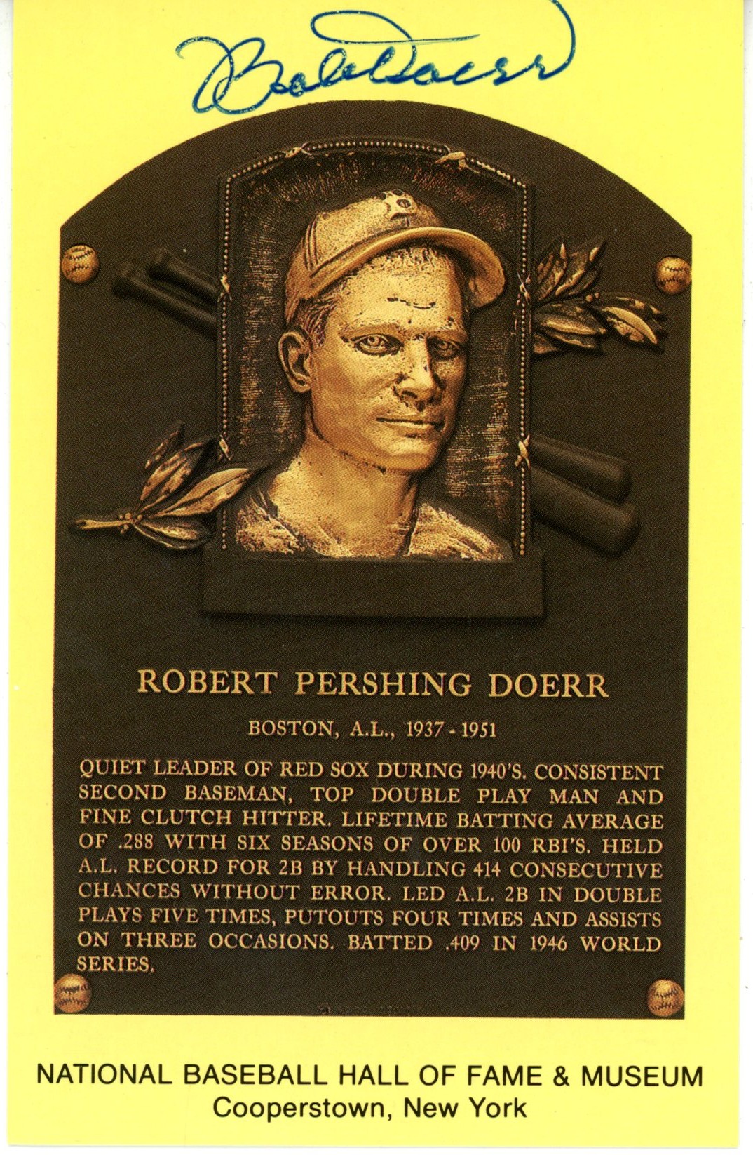 Bobby Doerr Autographed/Signed Boston Red Sox HOF Postcard Beckett 56519