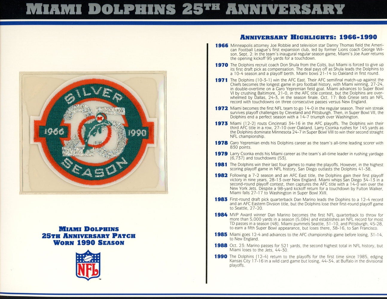 Miami Dolphins 40th Anniversary Patch Stat Card Official Willabee & Ward –  Denver Autographs