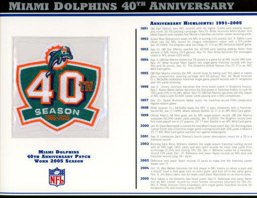 Miami Dolphins 40th Anniversary Patch Stat Card Official Willabee & Ward