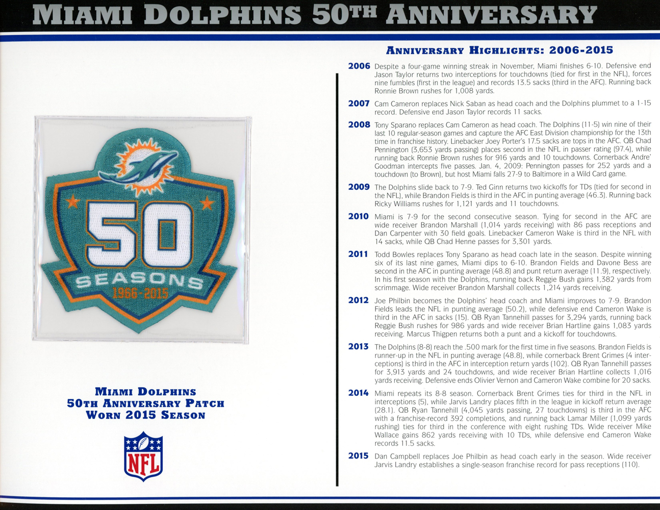 Miami Dolphins 50th Anniversary Patch Stat Card Official Willabee & Ward