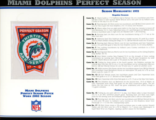 Miami Dolphins Perfect Season Patch Stat Card Official Willabee & Ward