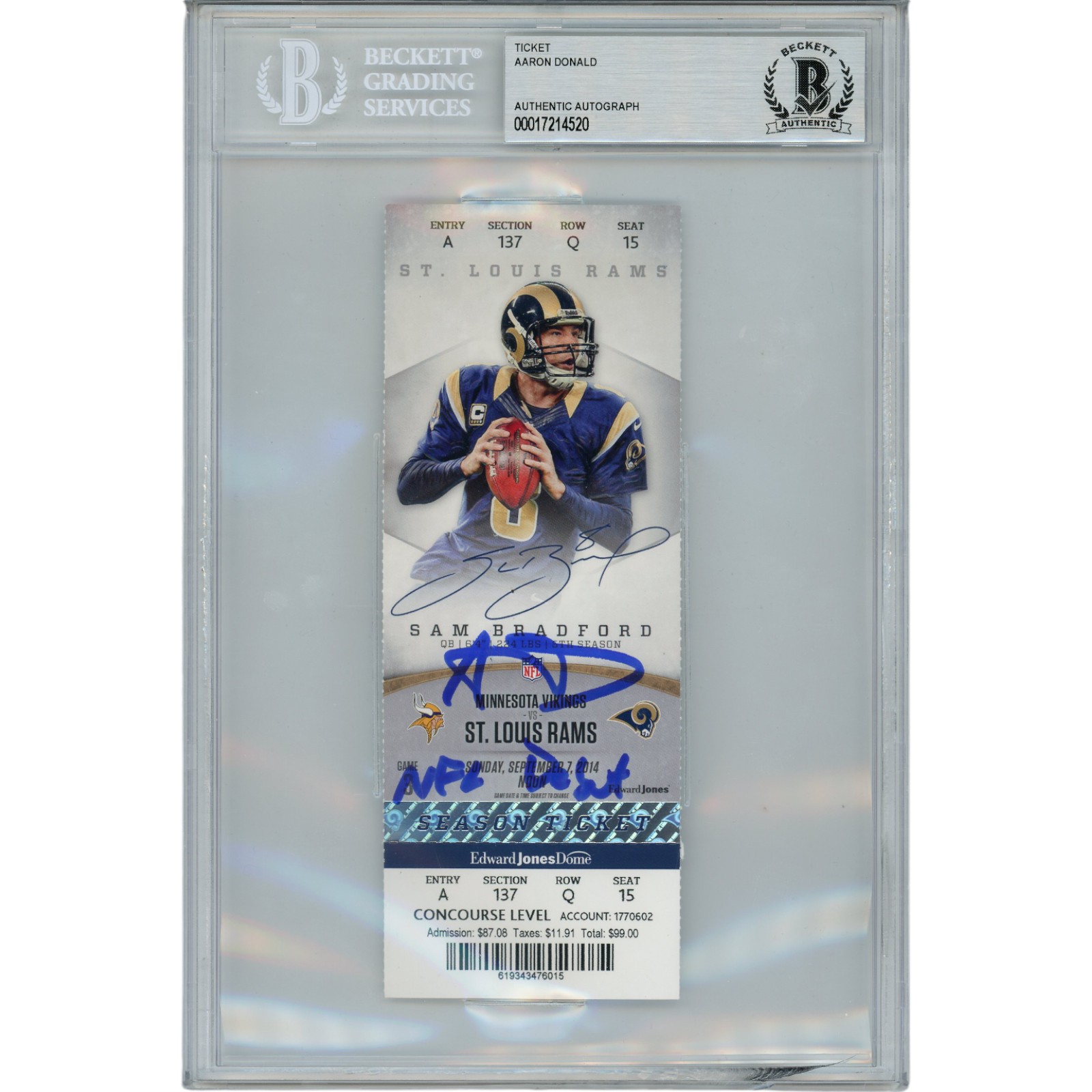 Aaron Donald Autographed Los Angeles Rams NFL Debut Ticket Stub Beckett 43857