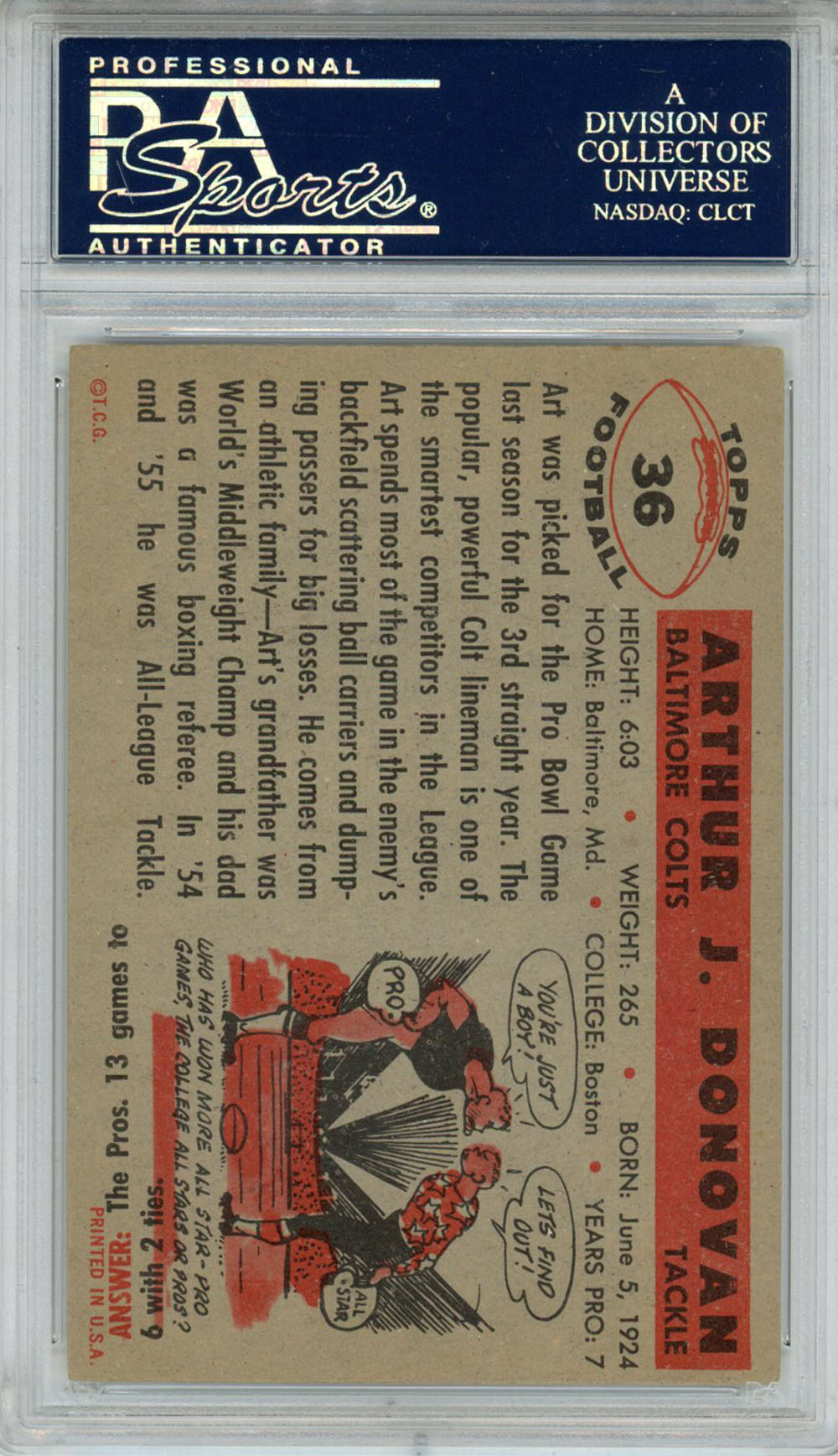 Art Donovan Signed 1956 Topps #36 Rookie Card w/HOF PSA Slab