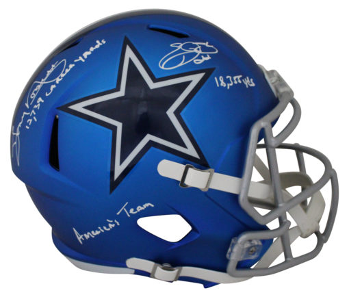 Emmitt Smith & Tony Dorsett Signed Dallas Cowboys Blaze Replica Helmet BAS 25672