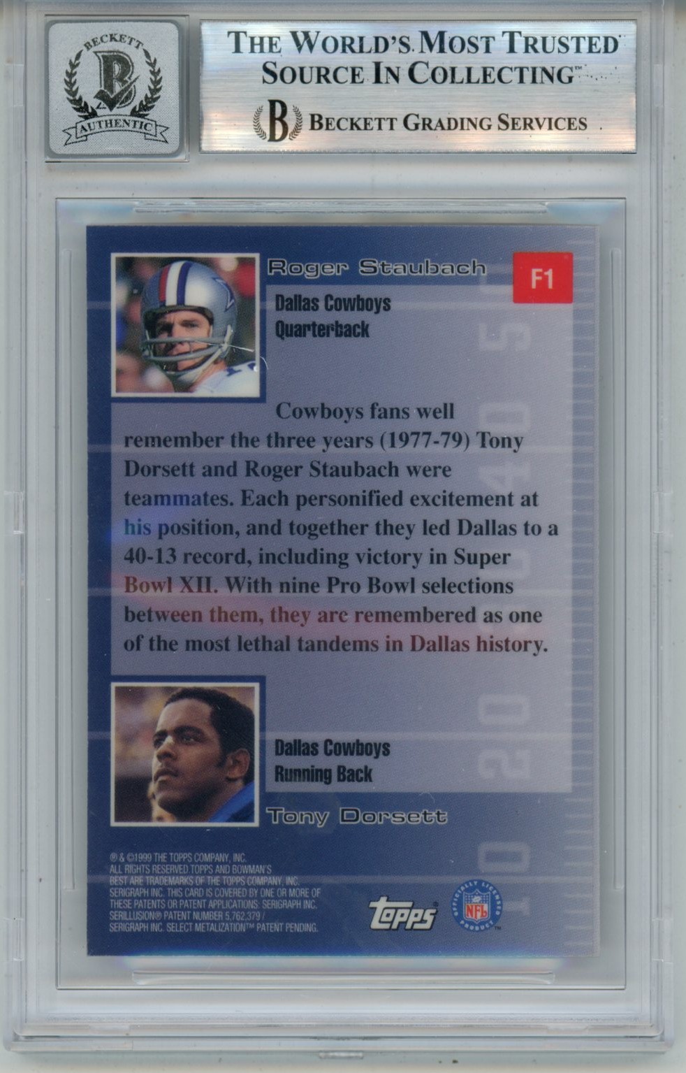 Tony Dorsett Roger Staubach Signed 1999 Topps F1 10 auto Card Slab Beckett 57068 2 Tony Dorsett Roger Staubach Signed 1999 Topps F1 10 auto Card Slab Beckett 57068