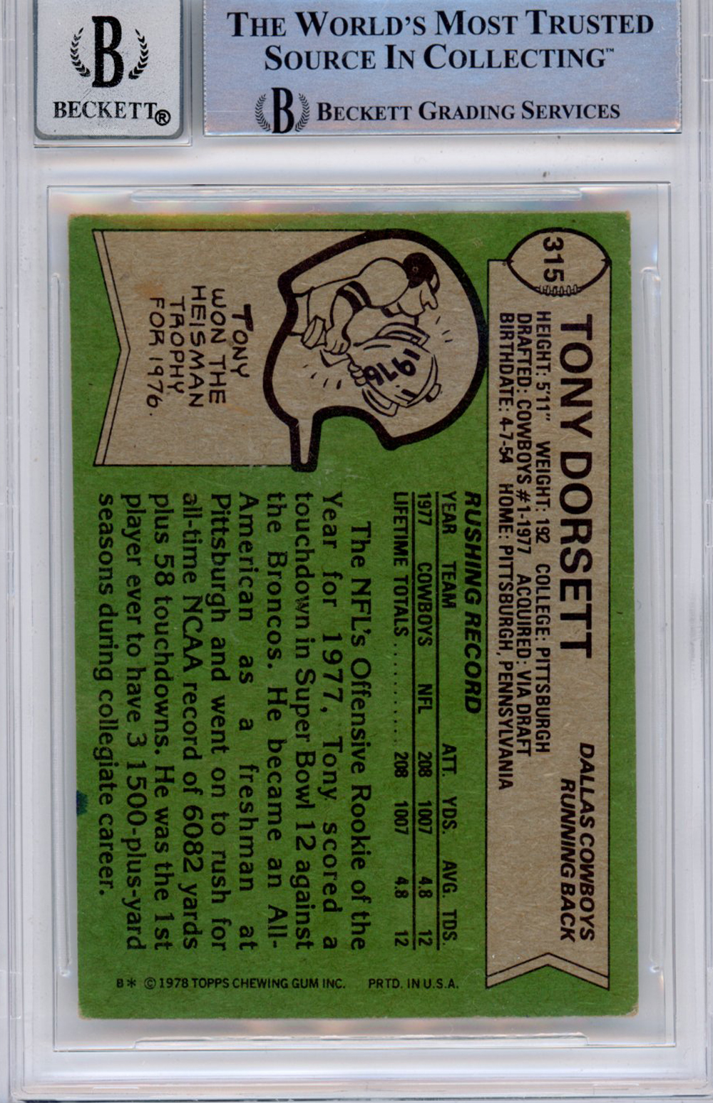 Tony Dorsett Autographed 1978 Topps #315 (Grade 10) BAS Slabbed