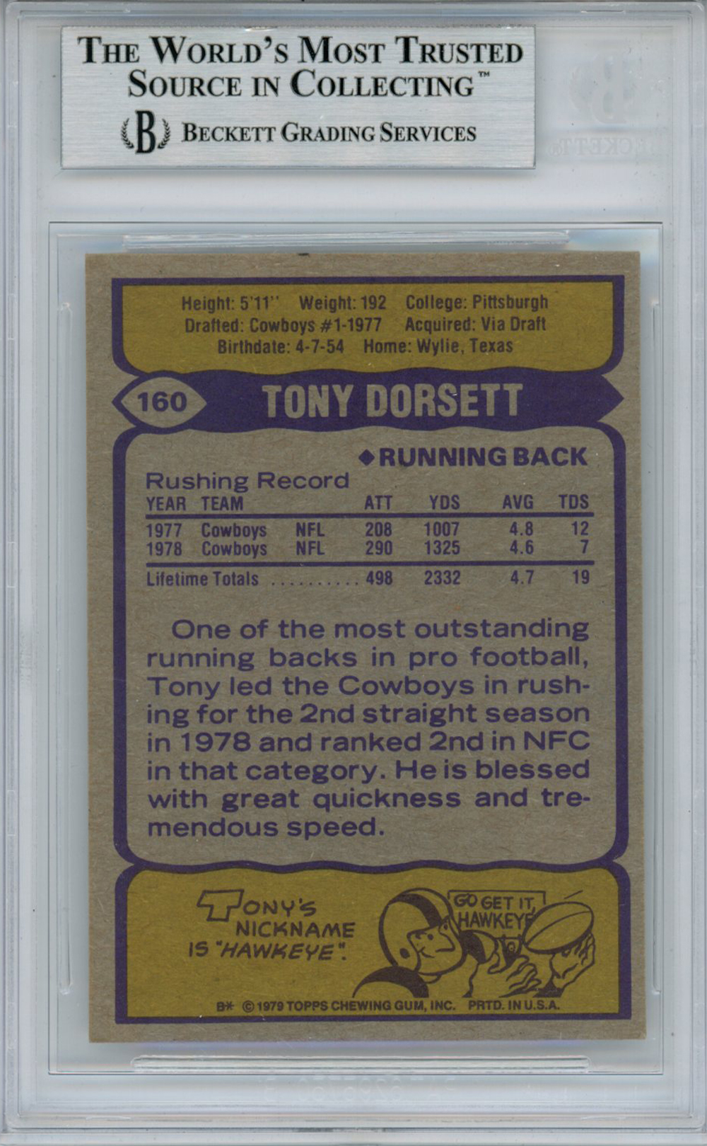 Tony Dorsett Autographed 1979 Topps #160 Trading Card Beckett Slab