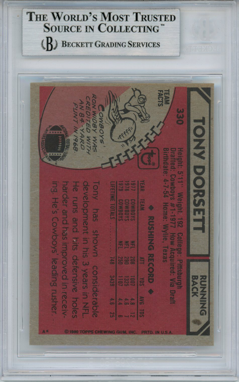 Tony Dorsett Autographed 1980 Topps #330 Trading Card Beckett Slab