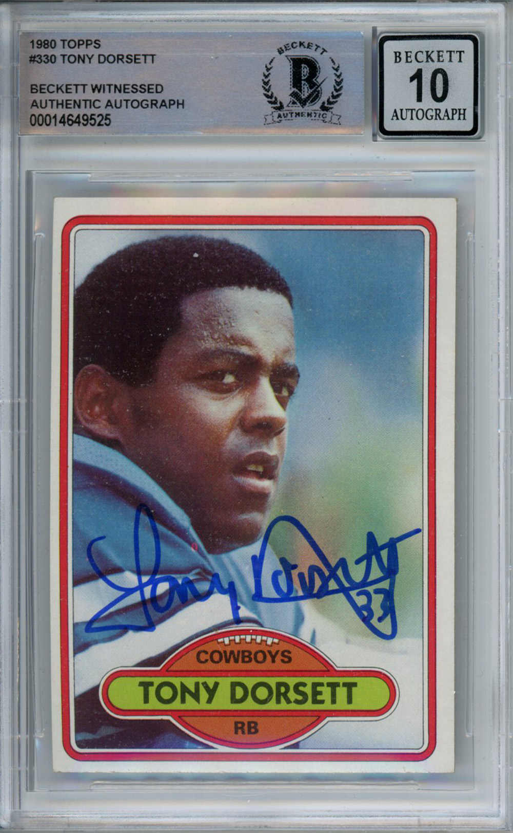 Tony Dorsett Autographed 1980 Topps 330 Trading Card Beckett Slab