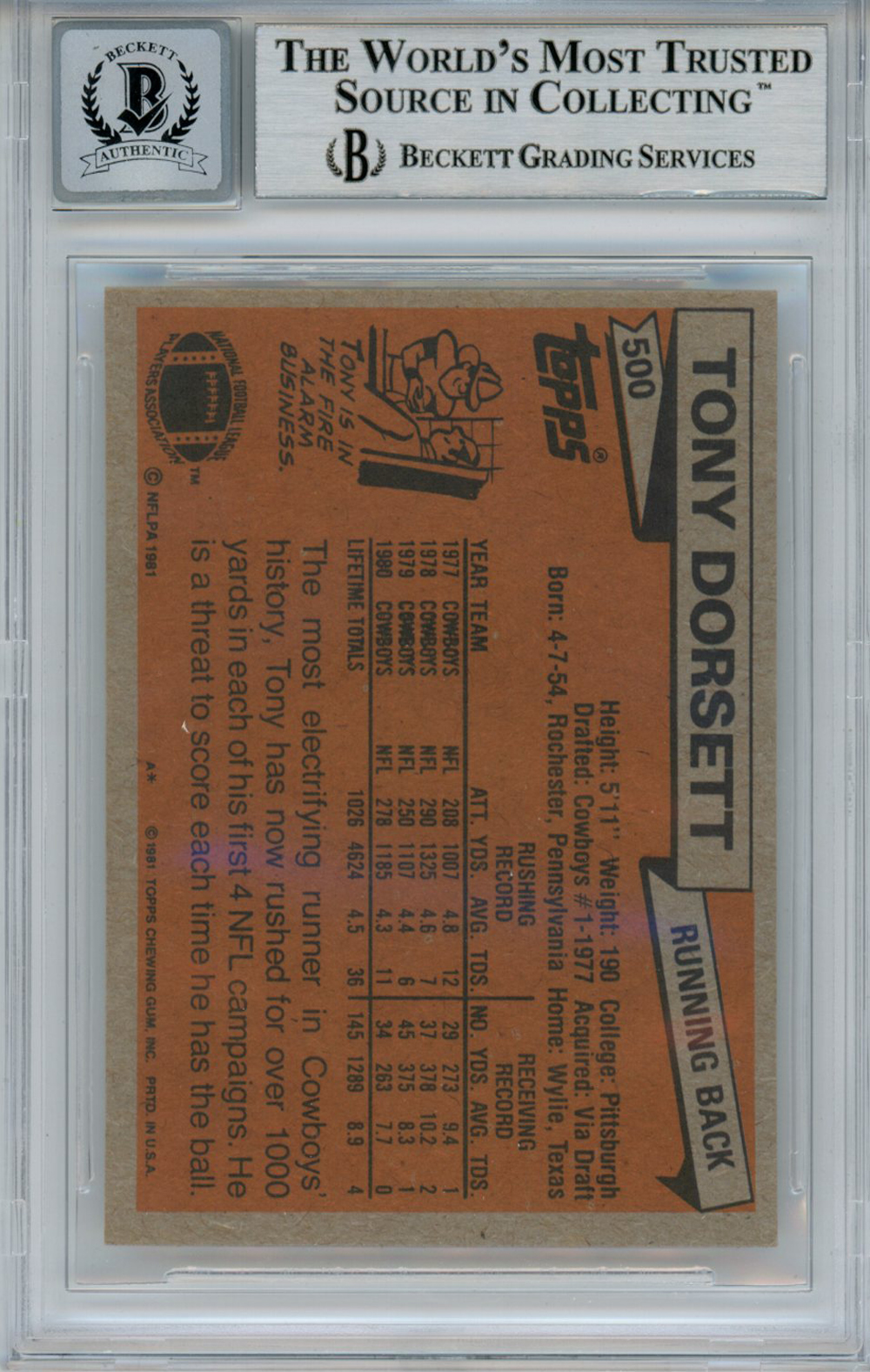 Tony Dorsett Autographed 1981 Topps #500 Trading Card Beckett 10 Slab