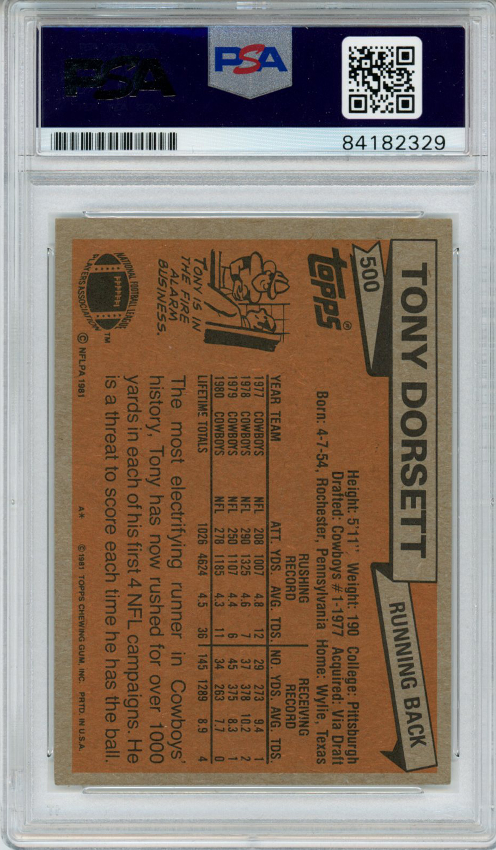 Tony Dorsett Autographed Cowboys 1981 Topps #500 Trading Card PSA Slab 32886