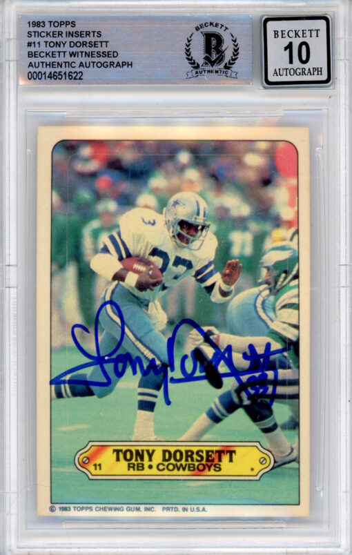 Tony Dorsett Autographed/Signed 1983 Topps Sticker Beckett Slab