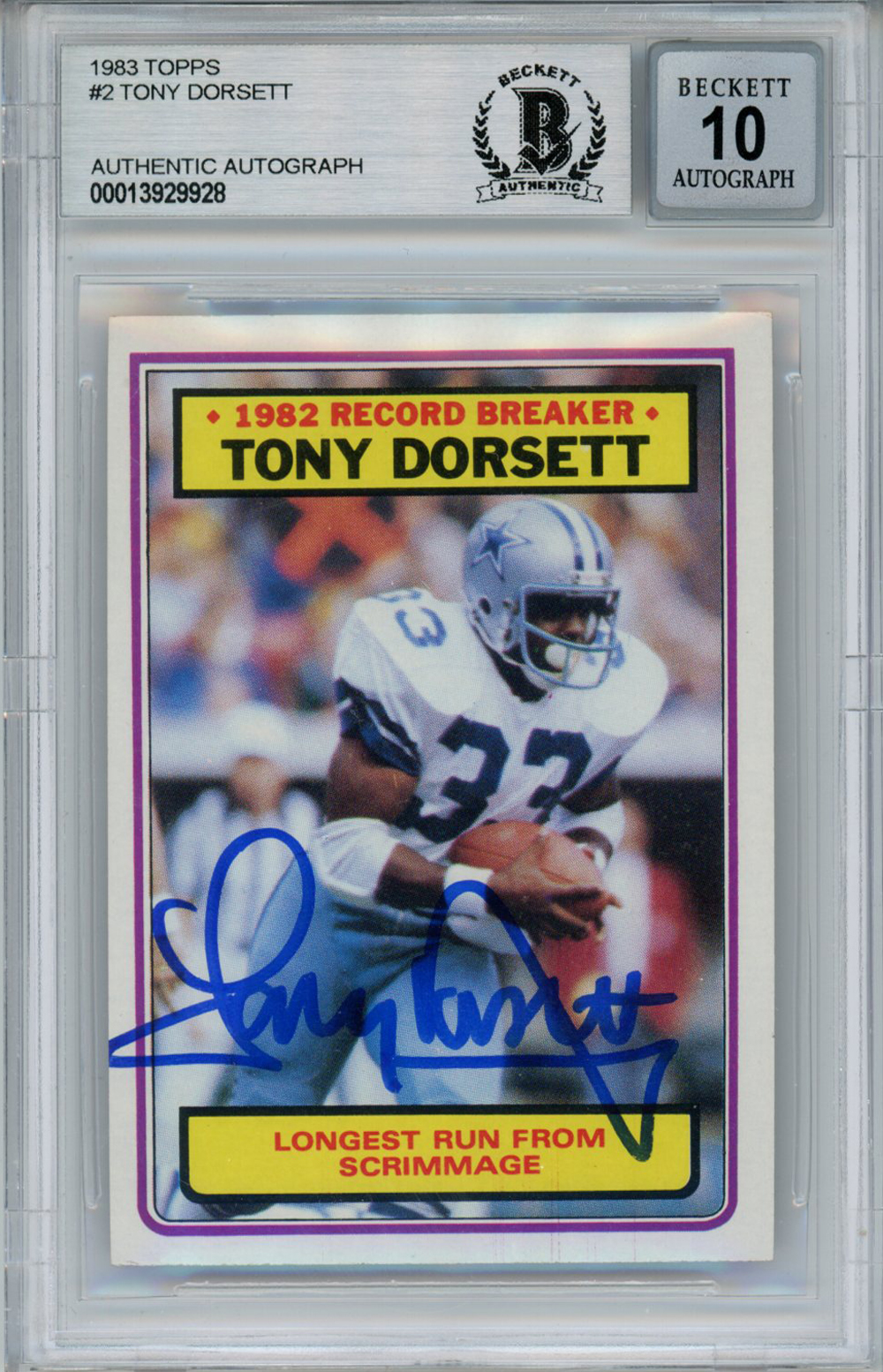 Tony Dorsett Autographed 1983 Topps #2 Trading Card Beckett Slab