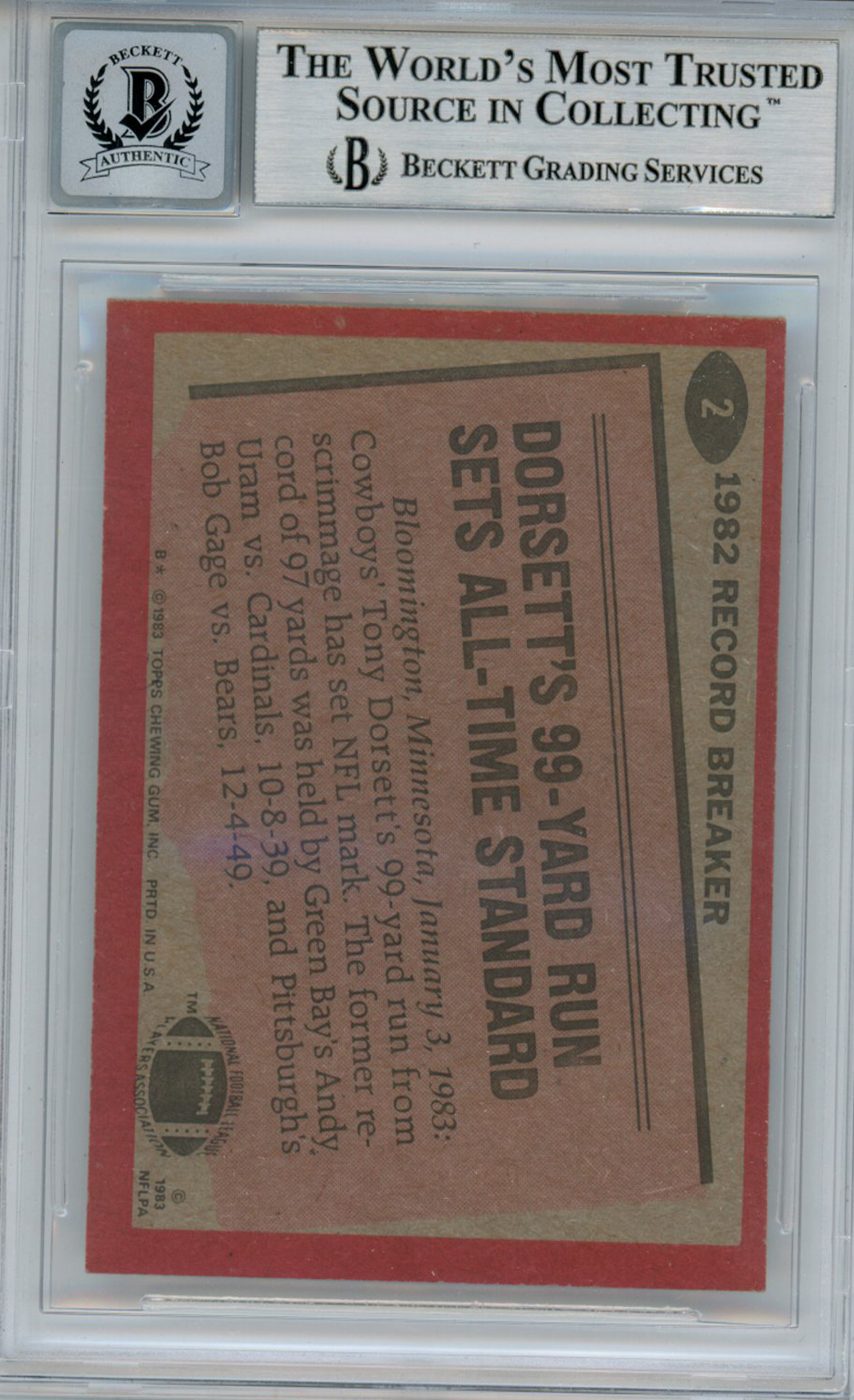 Tony Dorsett Autographed 1983 Topps #2 Trading Card Beckett Slab