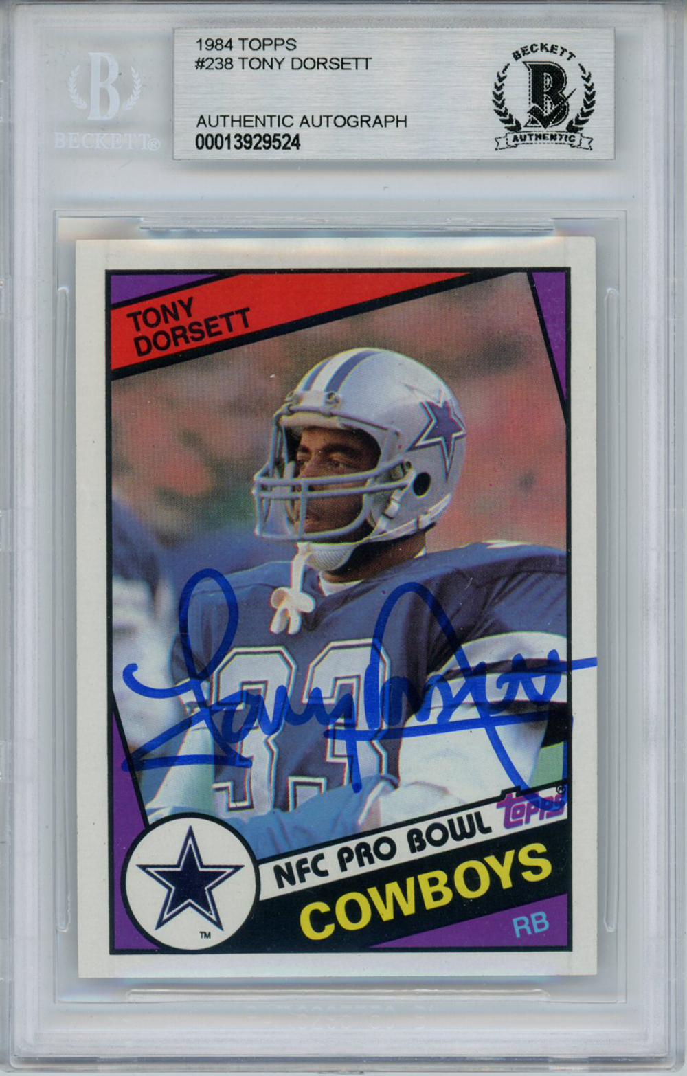 Tony Dorsett Autographed 1984 Topps #338 Trading Card Beckett Slab