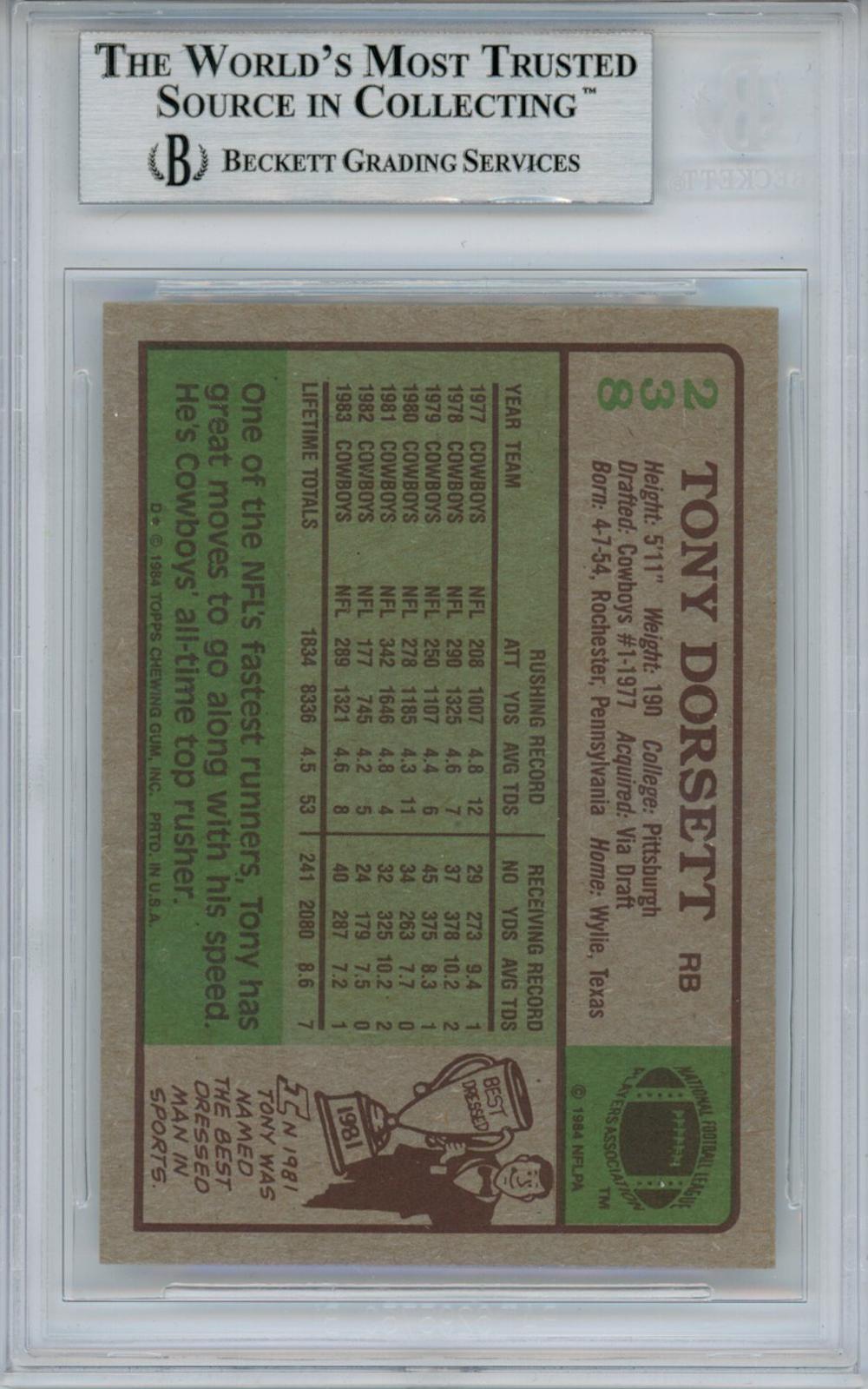 Tony Dorsett Autographed 1984 Topps #338 Trading Card Beckett Slab